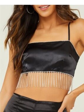 Altar’d State Black Satin Rhinestone Fringe Crop Top M NWT Party